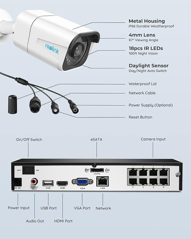 REOLINK 4K Security Camera System - H.265 4pcs PoE Security Cameras Wired with Person Vehicle Detection, 8MP/4K 8CH NVR with 2TB HDD for 24-7 Recording, RLK8-800B4 REOLINK