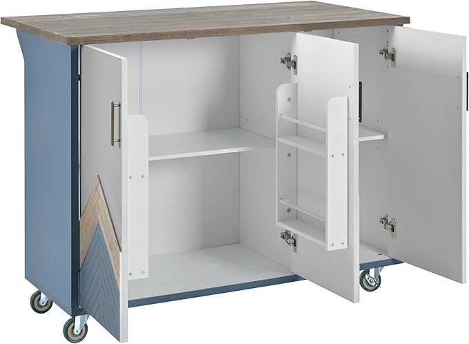 47" Wood Kitchen Island with Drop Leaf and Internal Storage Rack,Mobile & Stationary Cart w/Wheel,Towel-Rack,Adjustable Shelf,for Livingroom, Kitchen,Dining Room,Navy Blue - LeafyLoom