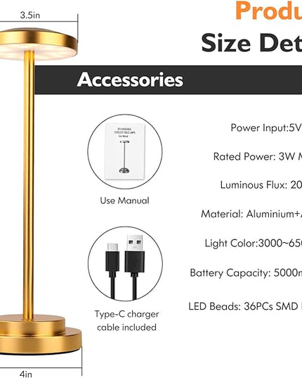 Cordless Table Lamp, Rechargeable Lamps, 5000mAh Battery Operated, LED Portable Table Lamp, 3 Color Dimmable, Aluminum, for Nightstand/Bar/Dining/Patio/Bedroom/Outdoor - LeafyLoom