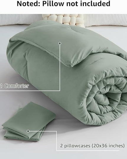 CozyLux Sage Green Comforter Set King Size, 3 Pieces Solid Breathable Quilted Style Bedding Sets, Luxury Fluffy Soft Microfiber Comforter for All Season(1 Comforter & 2 Pillowcases) - LeafyLoom