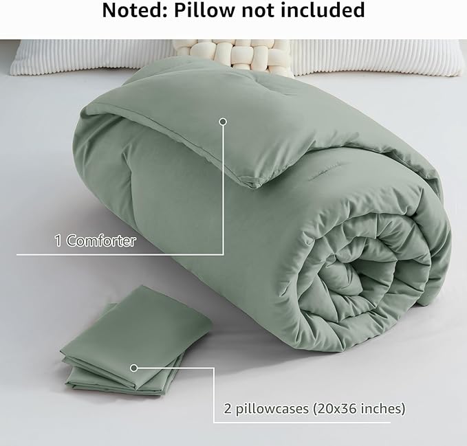 CozyLux Sage Green Comforter Set King Size, 3 Pieces Solid Breathable Quilted Style Bedding Sets, Luxury Fluffy Soft Microfiber Comforter for All Season(1 Comforter & 2 Pillowcases) - LeafyLoom