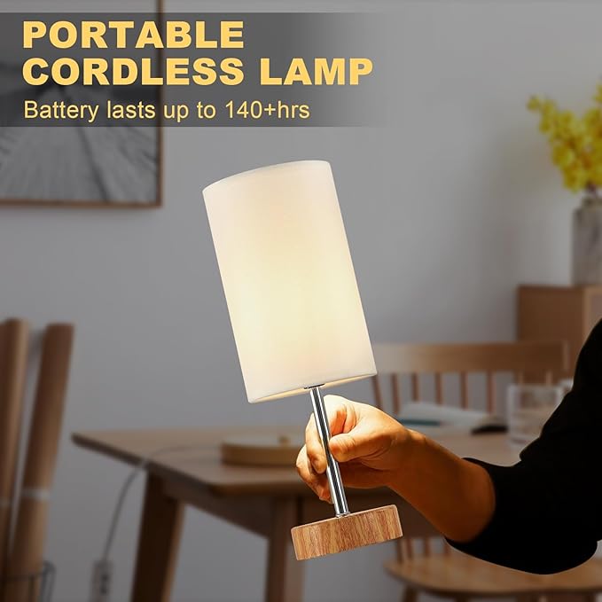 Cordless Table Lamp, Built-in 5000mAh Rechargeable Table Lamp Cordless, Stepless Dimmable Brightness Battery Powered Lamp, Wireless Lamp with Memory Function for Dining Room, Bedroom (wood) - LeafyLoom