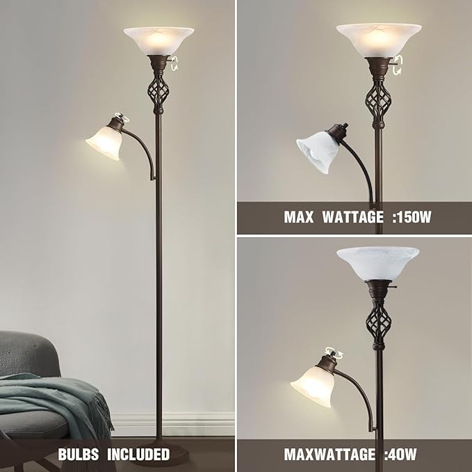 Torchiere Floor Lamp for Living Room, LED Standing Reading Light for Bedroom with Glass Shade for Living Room Corner Bedroom Home Office,Bulbs Included - LeafyLoom