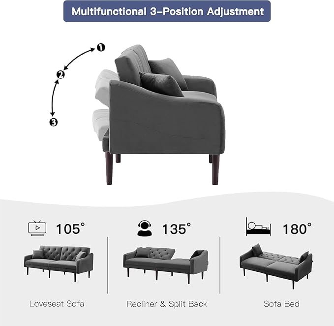 Mid-Century Modern Tufted Loveseat Sofa Living Room Furniture Sets with Adjusting Backrest & 2 Pillows Small Comfy Couch for Bedroom Apartment, Home Office Sofá, Gray-4 - LeafyLoom