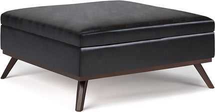 SIMPLIHOME Owen 36 Inch Wide Mid Century Modern Square Coffee Table Lift Top Storage Ottoman in Upholstered Tanners Brown Faux Leather, For the Living Room - LeafyLoom