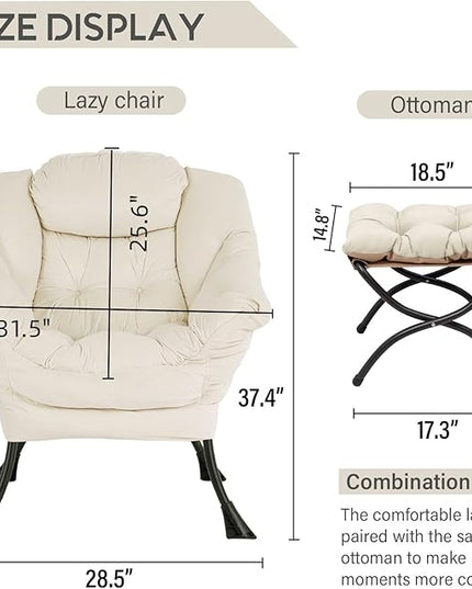 LITA Lazy Chair with Ottoman, Modern Accent Leisure Upholstered Sofa Chair, Contemporary Lounge Reading Chair with Armrests and a Side Pocket for Living Room, Bedroom & Small Space, Beige - LeafyLoom
