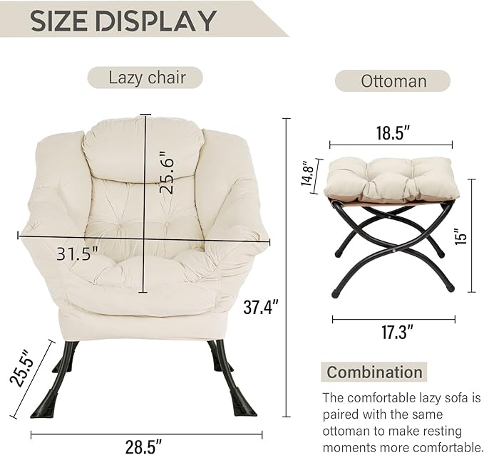 LITA Lazy Chair with Ottoman, Modern Accent Leisure Upholstered Sofa Chair, Contemporary Lounge Reading Chair with Armrests and a Side Pocket for Living Room, Bedroom & Small Space, Beige - LeafyLoom