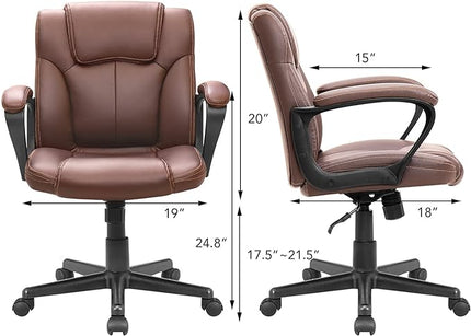Executive Office Chair Swivel Task Seat with Ergonomic Mid-Back, Waist Support, PU Leather, 18D x 19W x 41H in, Brown - LeafyLoom
