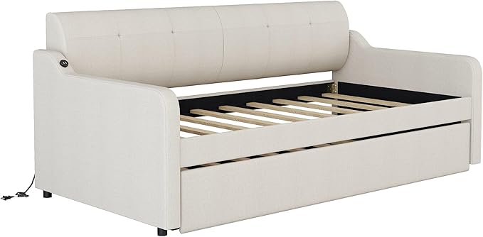 Twin Size Daybed Frame with Pop up Trundle,Upholstered Day Bed with Charging Station,Daybed with Trundle Bed Twin,Wood Sofa Bed Frame with USB for Bedroom,Living Room,Guest,Office,Twin,Beige - LeafyLoom