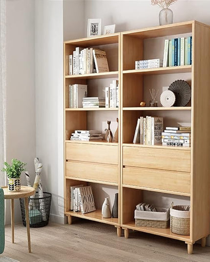 IOTXY Floorstanding Wooden Bookcase with Legs - 67" Tall Open Shelves Cube Billy Bookshelf with Drawers for Home and Office, Oak - LeafyLoom