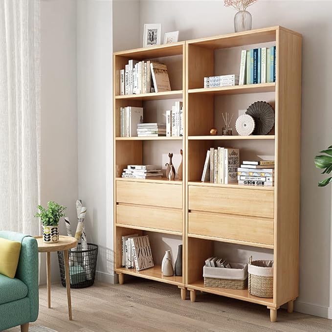 IOTXY Floorstanding Wooden Bookcase with Legs - 67" Tall Open Shelves Cube Billy Bookshelf with Drawers for Home and Office, Oak - LeafyLoom