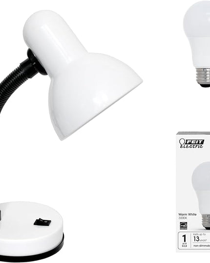 Simple Designs LD1003-WHT-LB 14.25" Basic Metal Desk Lamp with Flexible Hose Neck for Office, Living Room, Bedroom, College Dorm, Bookshelf, White, with Feit LED Bulb Included - LeafyLoom