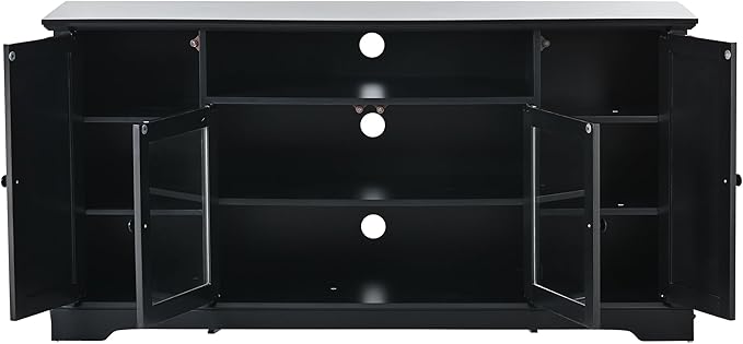 60 Inch TV Stand, Television Stands with 2 Tempered Glass Doors, Adjustable Panels and Open Style Cabinet, Entertainment Center for Living Room and Bedroom, Black - LeafyLoom
