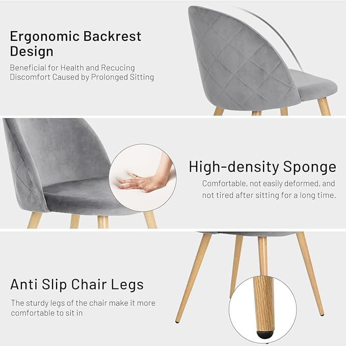 FurnitureR Upholstered Velvet Dining Chair Mid Back Armless with Wood Legs for Home Kitchen Bedroom Living Room, Set of 2, Grey - LeafyLoom
