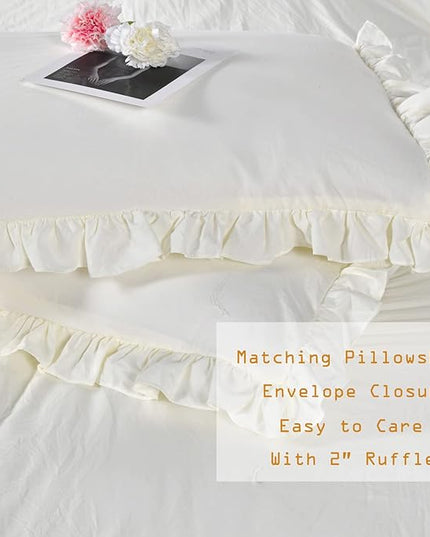 Shabby King Size Comforter Set, Farmhouse Ivory Bedding Ruffled Comforter Set King,Lightweight Vintage Rustic Bedding 3 Pcs (1 Shabby Comforter and 2 Pillowcases) - LeafyLoom