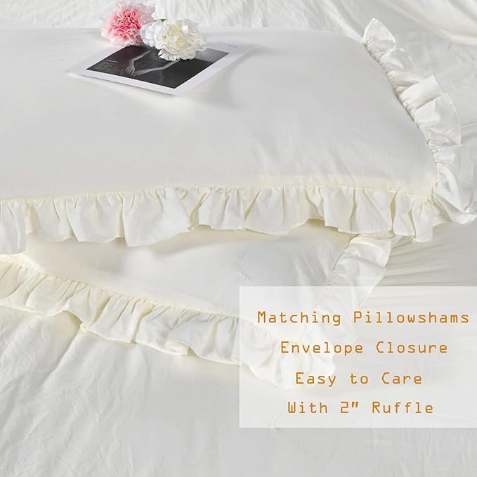 Shabby King Size Comforter Set, Farmhouse Ivory Bedding Ruffled Comforter Set King,Lightweight Vintage Rustic Bedding 3 Pcs (1 Shabby Comforter and 2 Pillowcases) - LeafyLoom