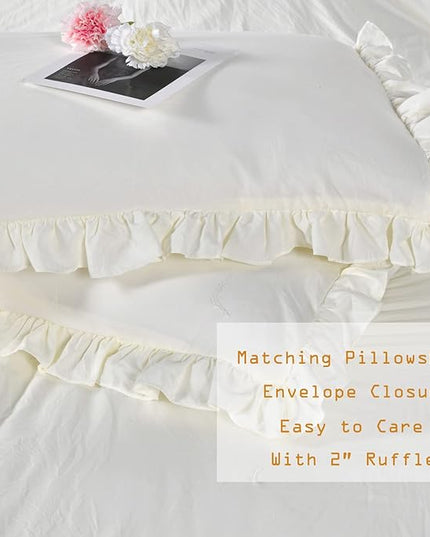 Ivory Ruffled Comforters Queen Size,Farmhouse Shabby Boho Chic Comforter Set,French Country Microfiber Inner Fill Ivory Bedding 3PCS(1 Ruffle Comforter and 2 Pillowcases) - LeafyLoom