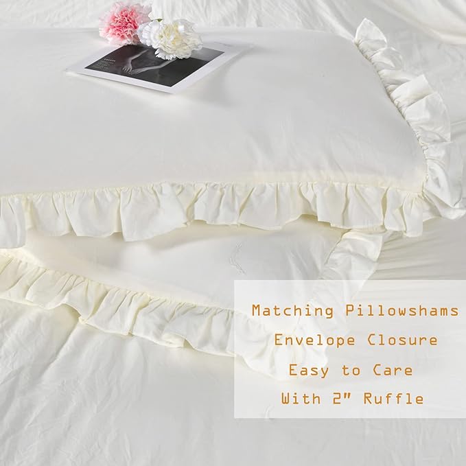 Ivory Ruffled Comforters Queen Size,Farmhouse Shabby Boho Chic Comforter Set,French Country Microfiber Inner Fill Ivory Bedding 3PCS(1 Ruffle Comforter and 2 Pillowcases) - LeafyLoom