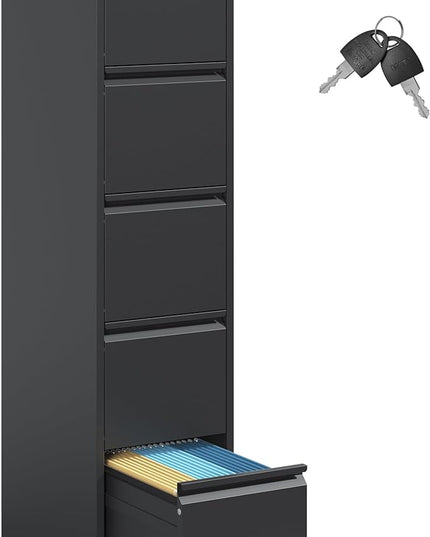 5 Drawer File Cabinet,Metal Filing Cabinets with Lock,Vertical File Cabinet for Home Office,Black Heavy Duty Metal Storage Cabinet for A4/Letter/Legal Size File,Assembly Required - LeafyLoom