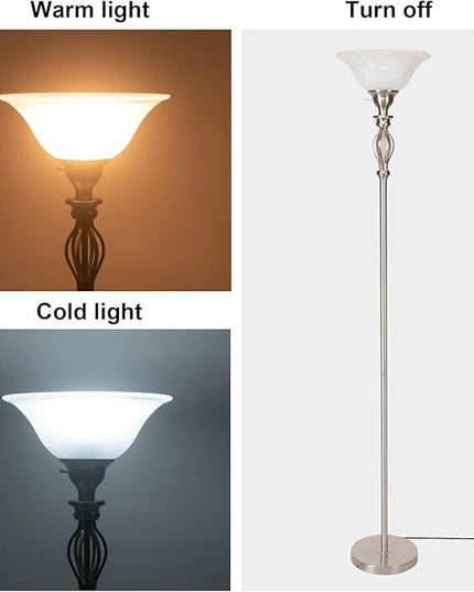Torchiere Floor Lamps for Living Room & Bedroom – Stand Up Lamp with Corner Floor Lamp Design – Traditional Iron Scroll 70" Tall Alabaster Glass Bowl Shade (Brushed Nickel) - LeafyLoom