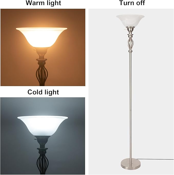 Torchiere Floor Lamps for Living Room & Bedroom – Stand Up Lamp with Corner Floor Lamp Design – Traditional Iron Scroll 70" Tall Alabaster Glass Bowl Shade (Brushed Nickel) - LeafyLoom