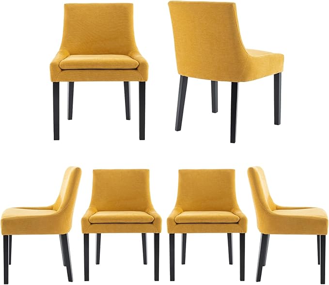 COLAMY Modern Dining Chairs Set of 6, Upholstered Corduroy Accent Side Leisure Chairs with Mid Back and Wood Legs for Living Room/Dining Room-Yellow - LeafyLoom