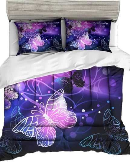 Sunnycitron Butterfly Comforter Set for Girls 3D Purple Butterfly Bedding with Comforter Full Size Girls Comforter Set Neon Butterflies Purple bed comforter full,1 Comforter + 2 Pillowcases - LeafyLoom