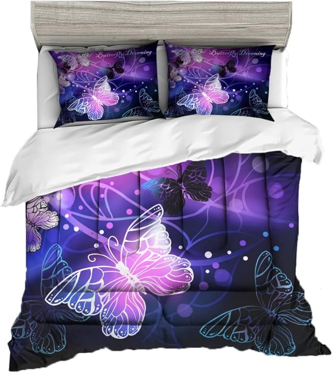 Sunnycitron Butterfly Comforter Set for Girls 3D Purple Butterfly Bedding with Comforter Full Size Girls Comforter Set Neon Butterflies Purple bed comforter full,1 Comforter + 2 Pillowcases - LeafyLoom