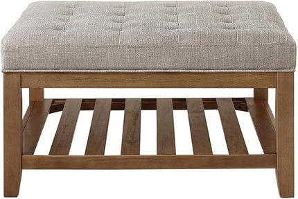 24KF Large Square Upholstered Tufted Linen Ottoman Coffee Table, Large Footrest Ottoman with Solid Wood Shelf-Linen - LeafyLoom