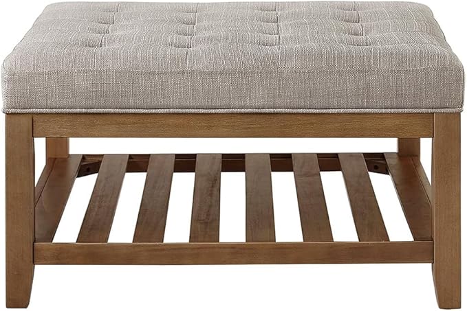 24KF Large Square Upholstered Tufted Linen Ottoman Coffee Table, Large Footrest Ottoman with Solid Wood Shelf-Linen - LeafyLoom