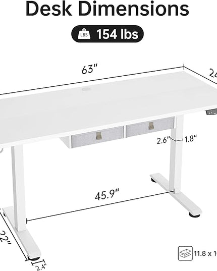 Standing Desk with 2 Drawers, Adjustable Height Electric Desk with Storage, 63 x 24 Inches Sit Stand Up Computer Table for Work Office Home, White - LeafyLoom