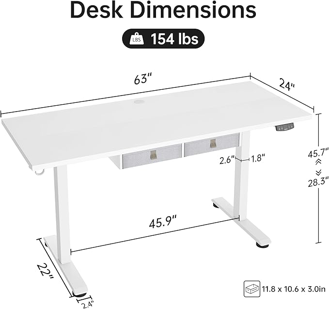Standing Desk with 2 Drawers, Adjustable Height Electric Desk with Storage, 63 x 24 Inches Sit Stand Up Computer Table for Work Office Home, White - LeafyLoom