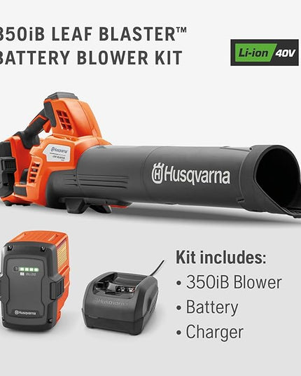 Husqvarna Leaf Blaster 350iB Battery Powered Cordless Leaf Blower, 200-MPH 800-CFM Battery Leaf Blower with Brushless Motor and Quiet Operation, 40V Lithium-Ion Battery and Charger Included - LeafyLoom