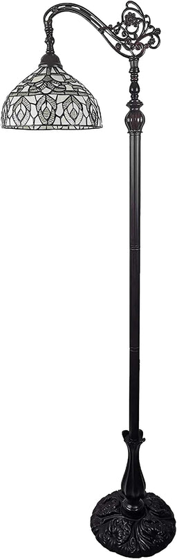 Amora Tiffany Floor Lamp - Arched, Stained Glass 62” with Foot Switch Operation and Adjustable Lamp Shade - Custom Handcrafted Floor Lamps for Living Room in White Mahogany Traditional Peacock - LeafyLoom