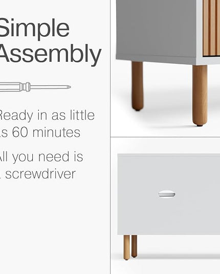 Contemporary Fluted TV Stand - Media Console - 70” Entertainment Center Console Table with Storage for Living Room - Fits 32 to 80" TVs (White and Oak) - LeafyLoom