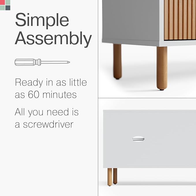 Contemporary Fluted TV Stand - Media Console - 70” Entertainment Center Console Table with Storage for Living Room - Fits 32 to 80" TVs (White and Oak) - LeafyLoom