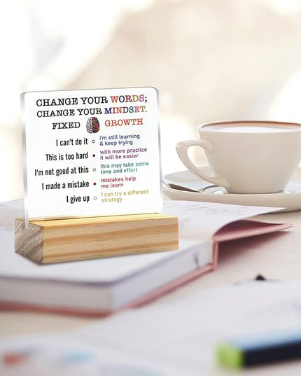 Growth Mindset Gift Change Your Words Change Your Mindset Clear Desk Decorative Sign Keepsake Present Positive Acrylic Plaque with Wooden Stand Sign Desk Decor for Home Office - LeafyLoom