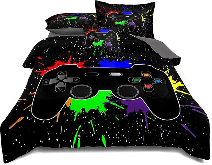 Kids Gaming Bedding Sets, 5 Piece Gamer Comforter Sets for Teens Boys Twin Size for Bedroom Comforter Set Adult 3D Gamepad Microfiber Bedding Sets Fits All Season - LeafyLoom
