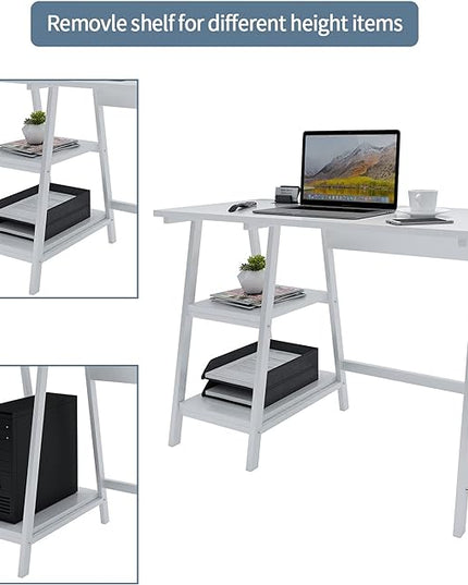 Natwind 43" White Desk Home Office Computer Working Kid Student Study Table with 2-Tier Storage Bookshelves Modern Simple Study Laptop Writing Elegant Style Desk Workstation - LeafyLoom