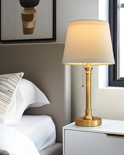 Oneach Modern Gold Brass Table Lamp Set of 2 for Bedroom Living Room 19.5'' Traditional Bedside Desk Nightstand Buffet Candlestick Samll Lamps with White Drum Shade - LeafyLoom