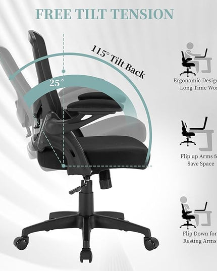 Ergonomic Mesh Office Chair, Comfy Desk Chair with Flip up Armrests, Swivel Computer Desk Chair with Adjustable Lumbar Support and Height for Home Office, 300 lbs Capacity - LeafyLoom