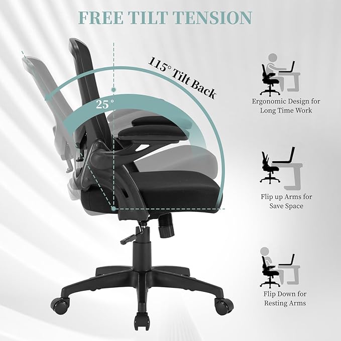 Ergonomic Mesh Office Chair, Comfy Desk Chair with Flip up Armrests, Swivel Computer Desk Chair with Adjustable Lumbar Support and Height for Home Office, 300 lbs Capacity - LeafyLoom