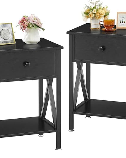 VECELO Night Stands for Bedroom Rustic Bedside End Tables with Drawer Storage, Nightstand (Set of 2), Black(Set of 2) - LeafyLoom