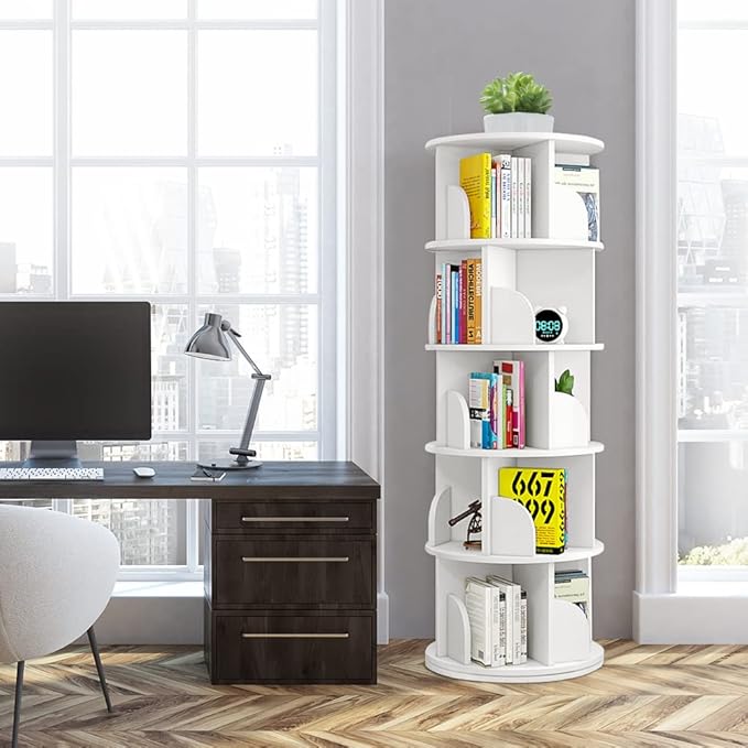 Nisorpa 5 Tier Rotating Bookshelf, 360° Revolving Bookcase Rotating Stackable Shelves Floor-Standing Storage Display Rack Used in Bedrooms Living Rooms Study Office (63"x18"x18") - LeafyLoom
