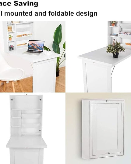 LUARANE Wall Mounted Table, Foldable Multiple-purpose Desk, Fold Out Wood Convertible Writing Desk Bookshelf Cabinet, Large Storage Space, Ideal for Home Office Study (White) - LeafyLoom