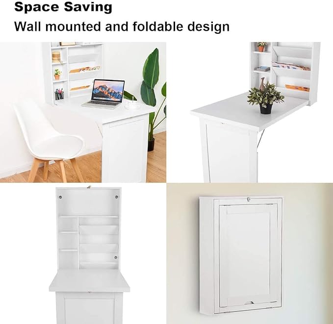 LUARANE Wall Mounted Table, Foldable Multiple-purpose Desk, Fold Out Wood Convertible Writing Desk Bookshelf Cabinet, Large Storage Space, Ideal for Home Office Study (White) - LeafyLoom