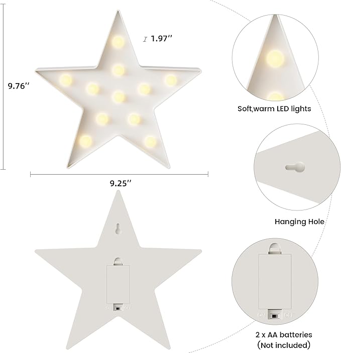 White Star Birthday Party Decorations, Battery Powered Star Night Light for Kids, Kids Room Decor for Bedrooms, Baby Night Light, Toddler Room Decor, Kids Room Decor, Wall Decor for Bedroom - LeafyLoom