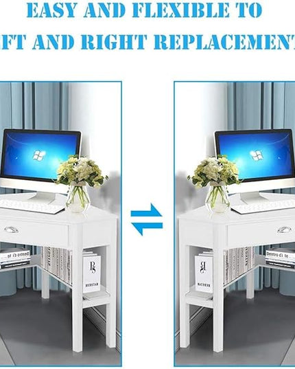 Nightcore Small, Wood Computer Desk, Compact Writing w/Drawer & Storage Shelves, Space Saving Study Workstation, Laptop PC Corner Table, White - LeafyLoom