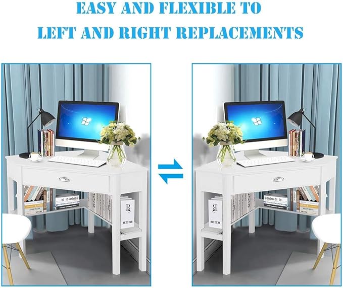 Nightcore Small, Wood Computer Desk, Compact Writing w/Drawer & Storage Shelves, Space Saving Study Workstation, Laptop PC Corner Table, White - LeafyLoom