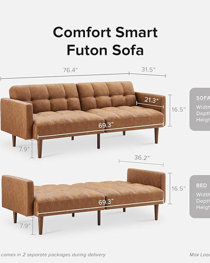 mopio Aaron Couch, Small Sofa, Futon, Sofa Bed, Sleeper Sofa, Loveseat, Mid Century Modern Futon Couch, Sofa Cama, Couches for Living Room, Bedroom (Pecan Brown, Faux Leather) - LeafyLoom